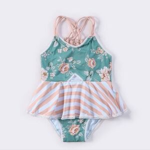 Floral and Striped Kids Swim One Piece